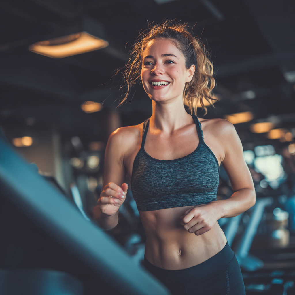 Smiling European fitness trainer in modern gym, age 30-35, wearing professional athletic wear, helping clients with exercise equipment